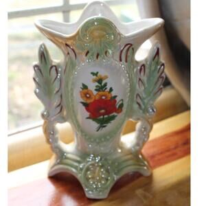 Vintage Lusterware Pearlized Green Porcelain Vase Floral 8.25" Brazil #1749